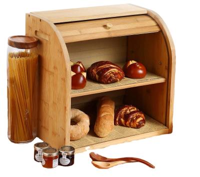 China Freshness Preservation Double-Layer Bamboo Bread Box, Suitable for Kitchen Food Storage, Large-Capacity Roll-top Bread Box with Removable Layer for sale