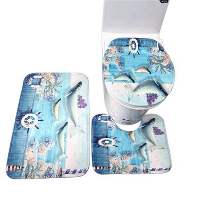 China Washable Moisture Absorption Cover Washroom Toilet Seat Cloth Non-slip Floor Mat 3 Piece Set Sea Life Print Design Washable Toilet Seat Mat for sale