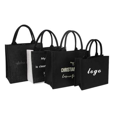 China Eco Friendly Gift Custom Logo Eco Reusable Cloth Carrying Women Beach Hand Tote Laminated Black Jute Bag for sale