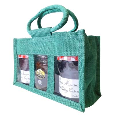 China Eco-friendly wholesale cheap vintage natural jute bottle bag with window, jute packaging bags for custom printing for sale