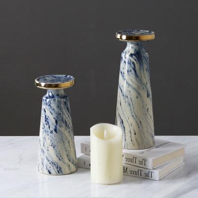 China Wholesale Vintage Home Rustic Antique Blue Quicksand Decor Stocked Ceramic Candle Holder for sale