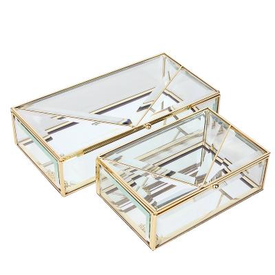 China Handmade European Luxury Cosmetic Trinket Box Storage Gold Glass Jewelry Box With Brass Frame for sale