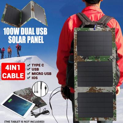 China PET Foldable 5V 100W Dual USB Solar Panel Outdoor Waterproof Solar Panel Charger Mobile Power Battery Charger With 4 in 1 Cable for sale