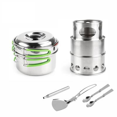 China Sustainable Portable 8PCS Cooking Pot Set Stainless Steel Wood Burning Camping Cookware Set With Stove for sale