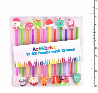 China office & Hot Selling 12PCS Pencil School Pencil With Christmas Pattern Shape Eraser Set for sale