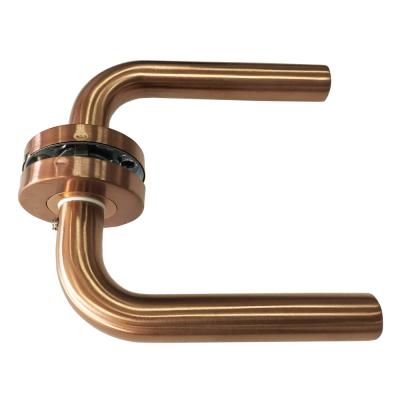 China Round mounted modern stainless steel tube lever door handles set in PVD color rose gold with cylinder/key/WC round escutcheon for sale