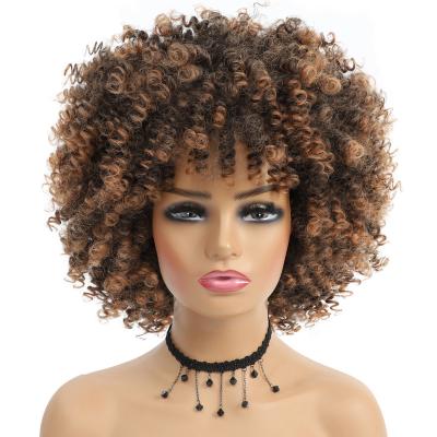 China Wholesale Afro Wig Kinky Curly Wig With Bangs For Color Women Afro Short Natural Ombre Brown High Heat Black Synthetic Wigs 8 Inch for sale