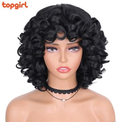 China Big Curly Wigs Ombre Brown Glueless Cosplay Afro Kinky Curly Synthetic Short High Temperature Wig Kinky Curly With Bangs For Black Women for sale