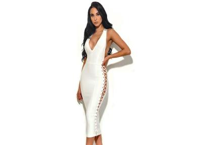 China Elegant White Back Cross V Neck Side Out Women Midi Bandage Dress for sale