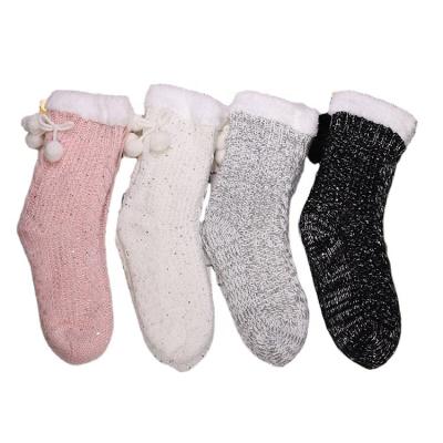 China Wholesale Fashion Trend Women's Chunky Knitted Cozy Fleece Lining Warm Indoor Socks With Slipper With Pompom for sale