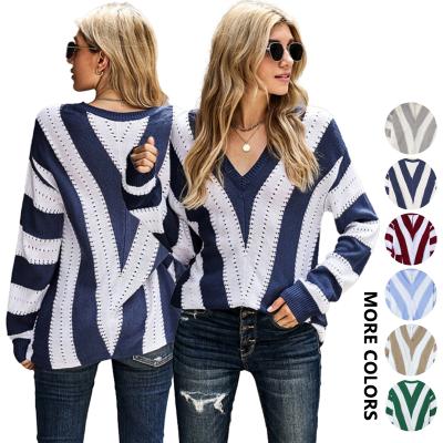 China Anti-wrinkle 2022 Autumn Winter Custom Ladies Striped Colorblock Knitting Designers Pull Over Sweaters Women Tops for sale