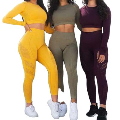 China 2021 Hot Selling Anti-Wrinkle Women's High Waist Seamless Gym Slim Mesh Long Sleeve Sports Running Yoga Sets for sale