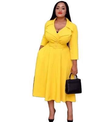 China Hot Sale Anti-Static Yellow Notched Plus Size African Lady Pleated One Line Casual Midi Dress for sale