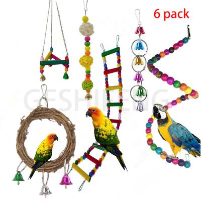 China Stocked Hot Sale 6PCS Pet Natural Wooden Parrot Toys Parts Props Bird Chewing Swings Bird Toys for sale