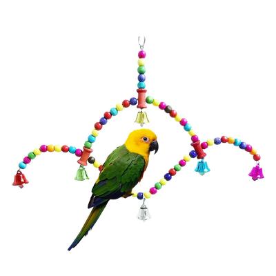 China Sustainable Wholesale Natural Wooden Bird Nest Swing Chairs Parrot Toys Hold Perch With Bells, Hanging Bird Toys For Cage for sale