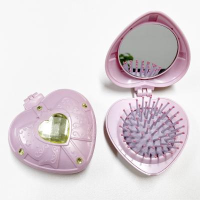 China Pocket Mirror Heart Shape Diamond Folding Hair Brush, Compact Pocket Massager Comb, For Wet or Dry Hair for sale