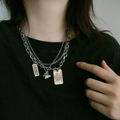 China FASHIONABLE Hip Hop Titanium Necklace Square Steel Multilayer Plate Engraved Letter Pendant Chain Dark Accessories for sale