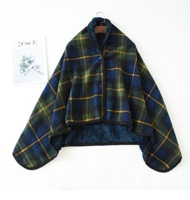 China Therapy Double Pleat Grid Printed Warm Winter Button Travel Blanket Shawl for sale