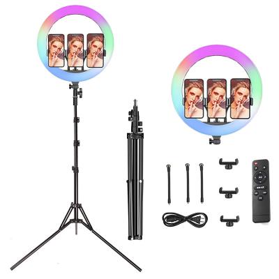 China Amazon 14 Inch Dimmable Desktop Beauty Adjustable Selfie RGB Ring Light With Multi Color 1.7M Tripod Stand for sale