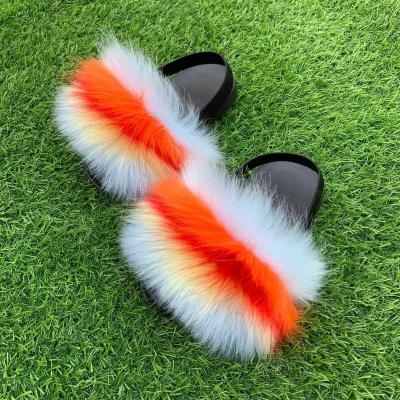 China Fashion Trend Custom Toddler Kids Fashion Fur Slippers With Strap Multi Color Faux Fur Slides Rainbow Fur Slides Kids for sale