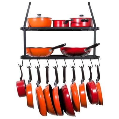 China Wrought Iron Metal Wall Mounted Pot Pan Rack 2 Tier Sustainable Kitchen Organizer for sale