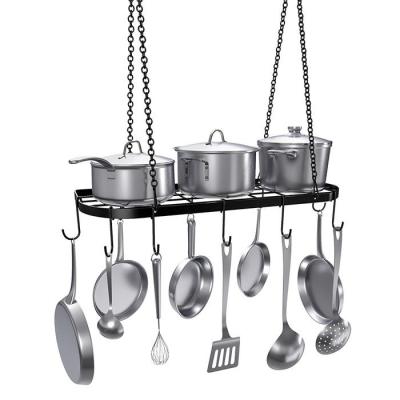 China Sustainable Black Ceiling Mount Wrought Iron Kitchen Hanging Cookware Rack for sale