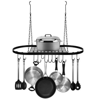 China Viable Manufacturer Wrought Iron Kitchen Wall Mounted Hanging Pot and Pan Rack for Ceiling with Hooks for sale