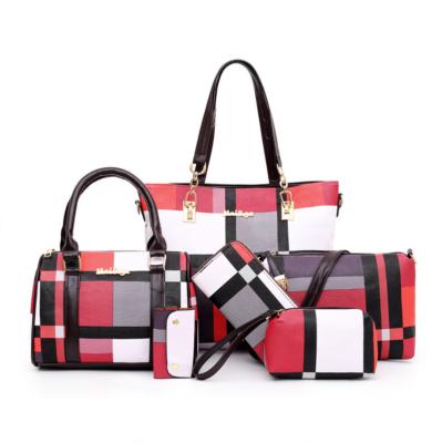 China New fashion 2022 large capacity grid simple 6 in 1 phone shoulder bag set wholesale girls shopping handbags for sale