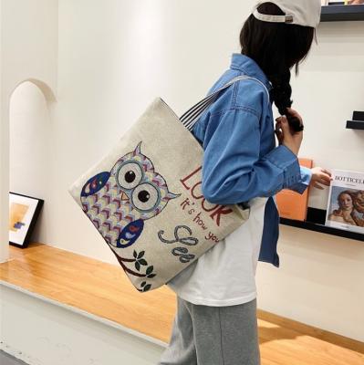 China Fashion Cute Owl Printing Big Tote Bags Zipper Storage Books Retro Bags Durable Canvas Handbags For Girls for sale