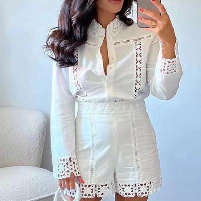 China Lady Long Sleeves Vintage Shirt Office Blusas 2 Sets Summer Fashion Women QUICK DRY White Solid Color Crochet Weave Blouse Mujer for sale