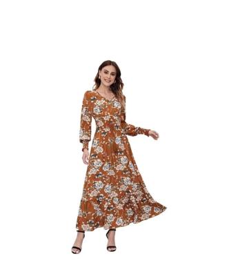 China Bohemian Anti-Wrinkle Boho Botanical Print Off Shoulder Ruffle Floral Edge Belted Long Dress Women Sheath Short A Line Straight Maxi Dress for sale