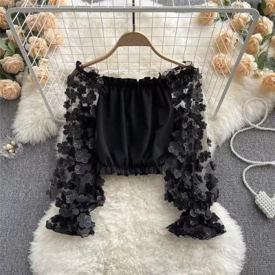 China Anti-Wrinkle Off The Shoulder Ruffle Trim Applique Floral Sleeve Blouse for sale