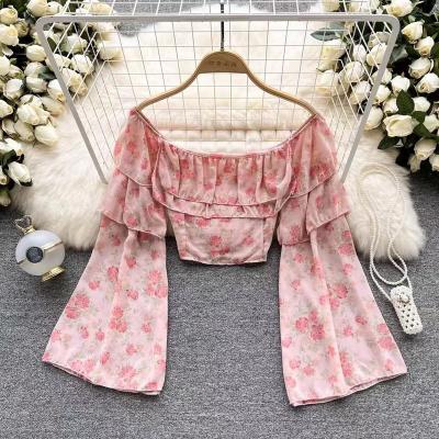 China Anti-wrinkle off-shoulder ruffled slim long sleeve chiffon top for sale