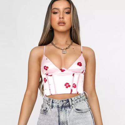 China Supplier New Arrivals 2022 Good Quality QUICK DRY High Class Crop Tops Sexy Satin Brown Stretch Tops Women Bodycon Plus Floral Print Top for sale