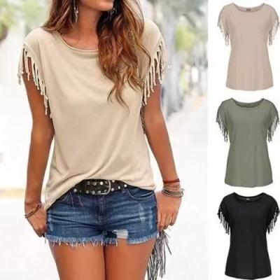 China Breathable Women Fringe Solid Sleeve T-Shirt Trim Tee for sale