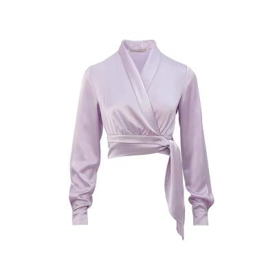 China Luxury Anti-pilling Women's Blouse Women Full Tie Front Satin Top Women's Vintage Blouse Women's Blouse for sale