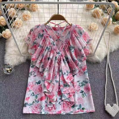 China South Korea Women's Summer New Fashion Breathable Cross V-Neck Lace Print Ruffle Short Sleeve Ruffle Tops Retro Style Sleeve for sale