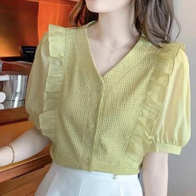 China Anti-Wrinkle Circyy Button Up Shirt Women White Tops V-Neck French Blouses Short Sheath Ruffled Solid Summer Chic Sweet Casual Designer New for sale