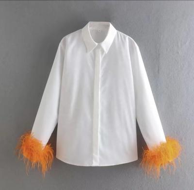 China Breathable White Green Feather Feather Top Elegant Long Sleeve Woman Shirt Female Blouses Fashion Collared Button Up Women Shirt for sale