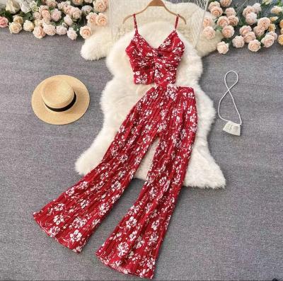 China QUICK DRY summer sleeveless chiffon women wide leg pants high waist fashion women sets pants two piece clothes for sale