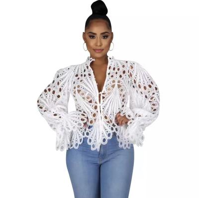 China Eyelet Anti-Shrink Solid Embroidery Notched Elegant Long Sleeve Hollow Mesh Lace Shirt Sheer See Through Blouse Top Apparel for sale