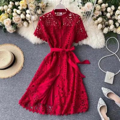 China Red/Black/White Sexy Cavity Women Anti-Static Single Breasted Female Dress High Waist Summer A-line Lace Vestidos 2021 New for sale