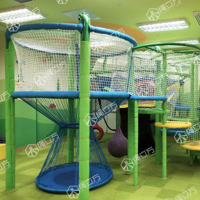 China ROPECUBE Rainbow Nylon Rope Net Playground Kids Climbing Rope Trampoline Park Net Indoor Trampoline With Handle Bar for sale