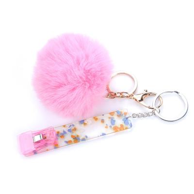 China Plastic Customized Pom Keychain Decorative Acrylic Contactless ATM Card Grabber Credit Card Puller For Long Nails for sale