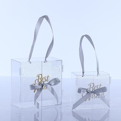 China Stocked Custom Design Box Wedding Clear Material Transparent Sliver Acrylic Bow With Handle for sale