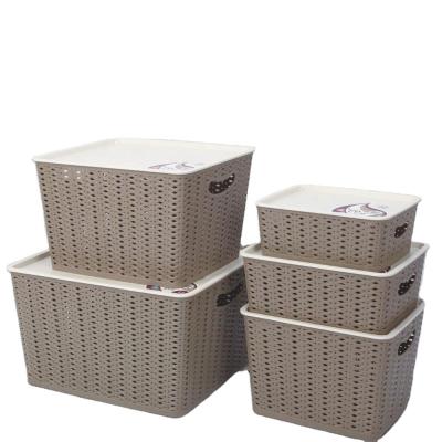 China Sustainable Plastic Rectangle Rattan Storage Basket With Cover Laundry Basket With Lid Outdoor Plastic Storage Box Home Collection Container for sale