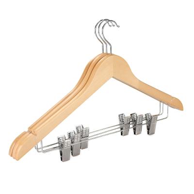 China Wholesale Collection Clip Type Clothing Skirt Hold Down Natural Wood Suit Hangers With Clips for sale