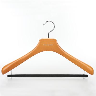 China Custom Extra Wide Shoulder Luxury Wooden Coat Hangers Logo Beech Wood Heavy Duty Display Hangers With Velvet Bar for sale