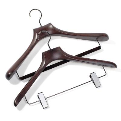 China Custom Made LINDON Logo Luxury Top Wooden Coat Hanger with Velvet Panty Bar for sale