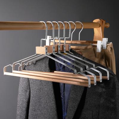 China Space Saving New Arrivals Natural Beech Wood Bar Design Metal Wire Hanger With Trouser Wood Bar for sale